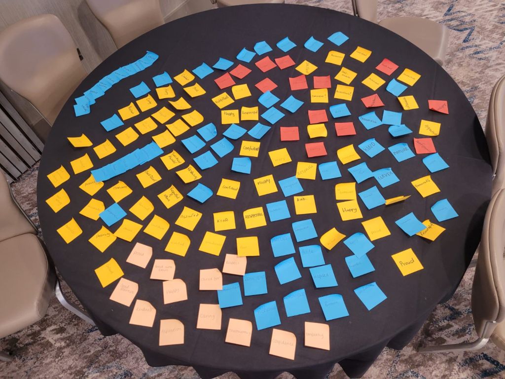 table covered in coloured notes