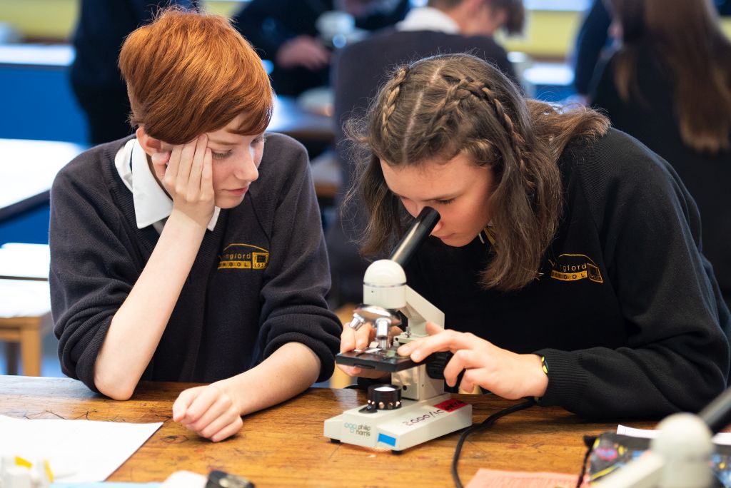 students using a microscope