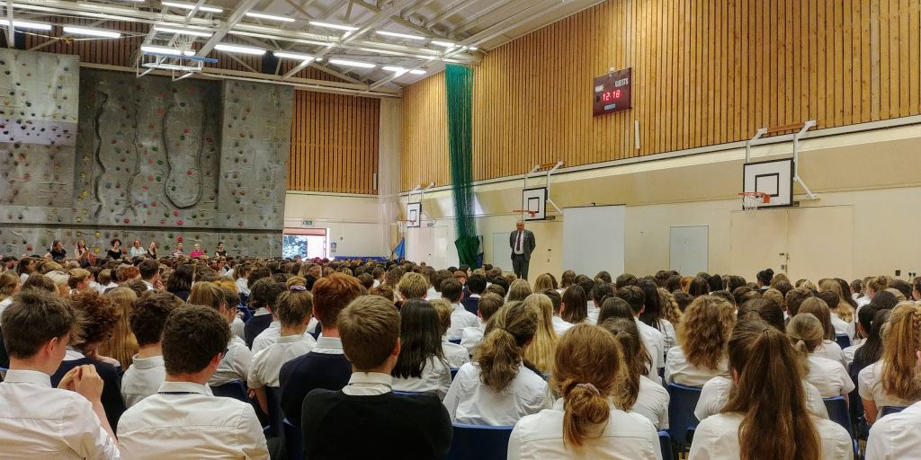 Mr Willis gives his last assembly in the sports hall.
