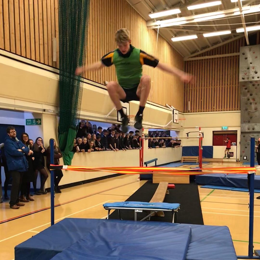 Boy leaps off trampette